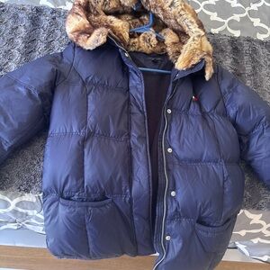 Tommy Hilfiger Dark Blue Puffer Jacket with Faux Fur Trim